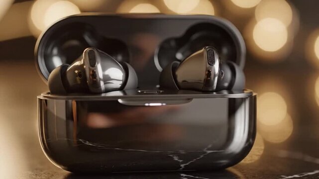 Sleek wireless earbuds in charging case with bokeh lights