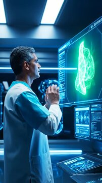 surgeon interacting with holographic brain model and diagnostic overlays, touchscreen console, neon blue imaging, clinical planning for preop strategy and therapy mapping