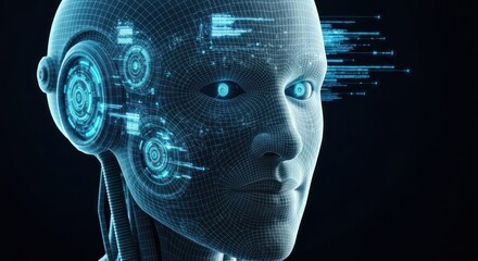 A futuristic, digital female face with cybernetic enhancements and data streams