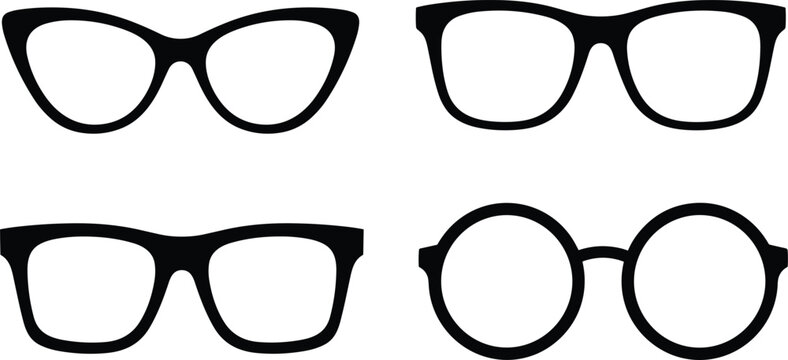 Black Vector Icon Set of Four Different Eyeglasses Frames Including Cat Eye and Round Styles for Optical Fashion Vision Care and Eyewear Accessory Design