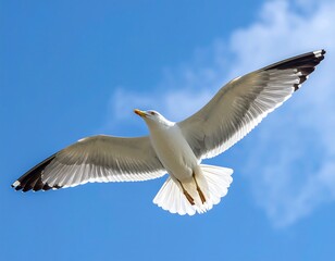 Fototapeta premium Seagull soaring against clear blue sky with wisps of clouds, wings fully extended, backlit by sun