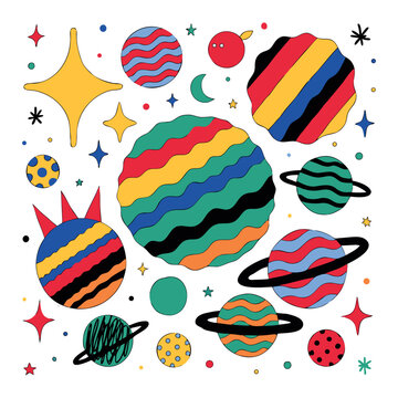 Colorful Retro Space Planets and Stars Vector Graphic Set on white background