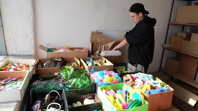Environmental campaign and separate garbage collection project. A volunteer sorts the waste