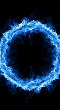 Intense blue plasma energy forms a luminous circular vortex against a deep black background