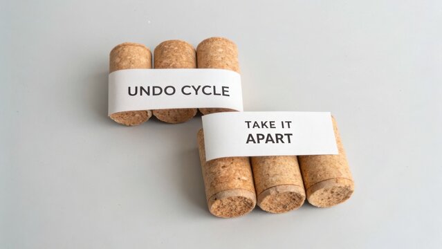 Creative Cork Art with Labels for Undo Cycle and Take It Apart Concepts in a Minimalist Setting