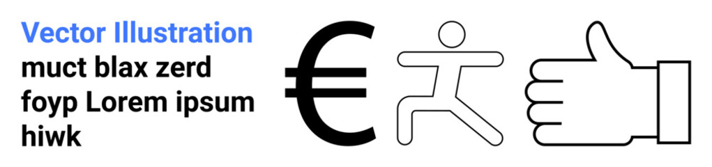 Obraz premium Finance, success, positivity, motivation, currency, and actions. Euro symbol, a running figure and thumbs up icons displayed as minimalist line art. Finance and success through relatable symbols
