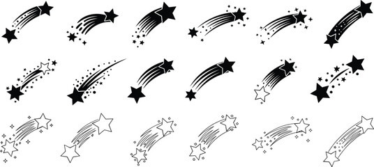 Collection of shooting star and comet icons featuring falling stars with decorative trails in solid black and thin outline styles. © Farzana