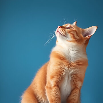 Un chat roux regardant vers le haut, sur un fond bleu, image avec espace pour texte.