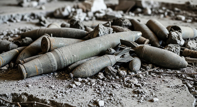 Discarded unexploded ordnance on a dusty ground.