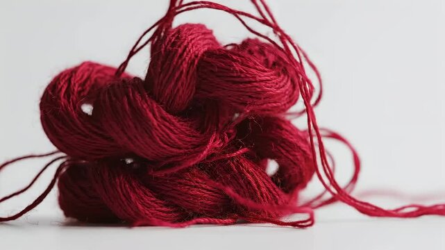 A Tangle of Deep Red Thread on a White Background, Macro Shot