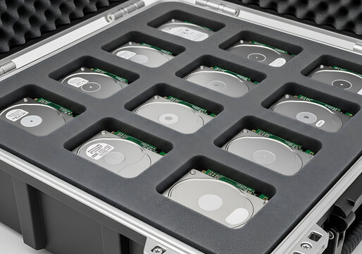 Close-up of hard drives in a protective case for data storage and backup.