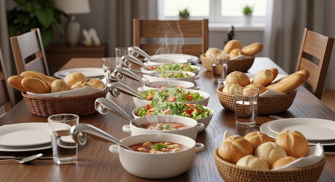 A beautifully set dining table laden with a variety of delicious food and fresh bread, ready for a family meal or special occasion.