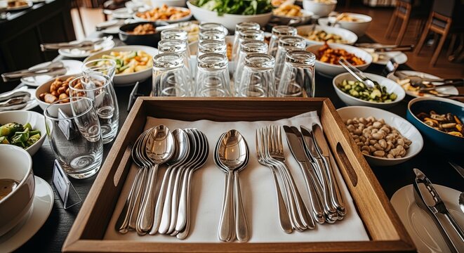 A close-up view of a well-stocked buffet table with an assortment of food, drinks, and neatly arranged cutlery, ready for guests.