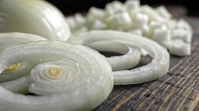 Closeup of fresh white onion rings and diced pieces on a rustic wooden table highlighting the layers and texture of the vegetable ready for cooking.