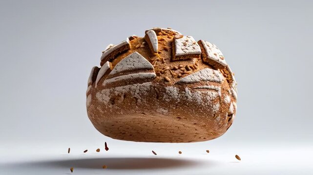 An oval-shaped artisanal grain bread rotates in mid-air as seeds fall from its textured, flour-dusted crust.

