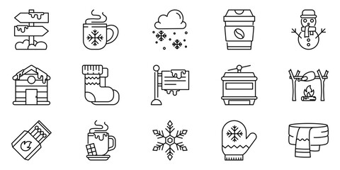 Fototapeta premium Essential Winter and Holiday Line Art Icon Set featuring Cozy Elements, Snowy Scenes, and Festive Season Symbols in a Minimalist Outline Icon Style Collection