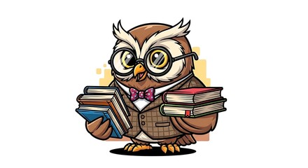 Obraz premium An owl wearing glasses and holding multiple books, standing in a simple white environment, viewed from the front.