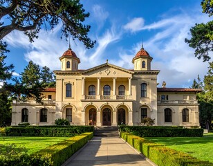 Fototapeta premium Ornate, multi-storied building with a symmetrical design, set on manicured lawn