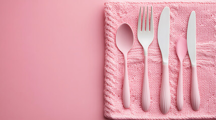 Elegant Pink Cutlery Set On Textured Fabric Background Creating Stylish Table Setting.