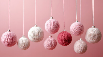 Festive Pink Christmas Ornaments Hanging On A Soft Pink Background Creating Holiday Design.