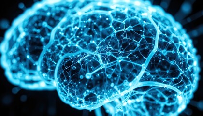 3D Render of Brain with Glowing Neural Network Connections, Artificial Intelligence and Machine Learning Concept on Dark Background
