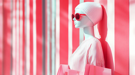 Mannequin In Sunglasses And Scarf With Shopping Bags In A Striped Storefront Creating Fashion Retail Display.