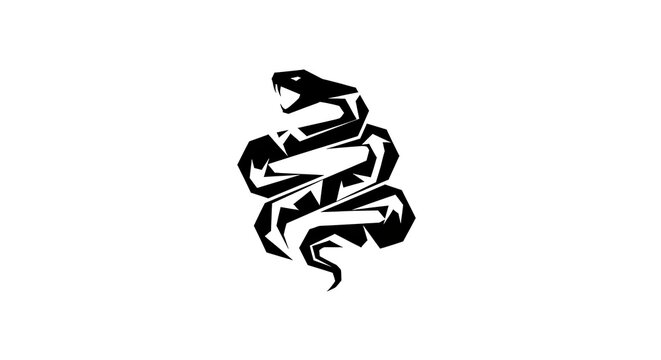 Stylized Black Snake Coiled with Open Mouth on White Background.