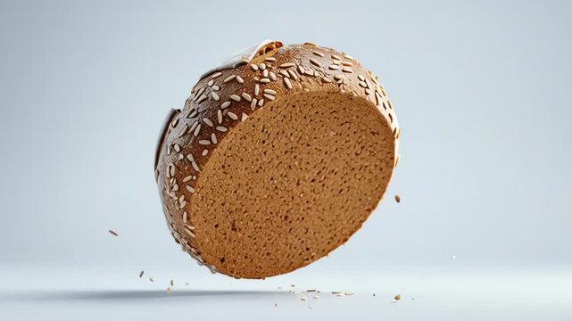 A round loaf of seeded sourdough bread with a scored crust rotates while crumbs fall from it on a grey background.
