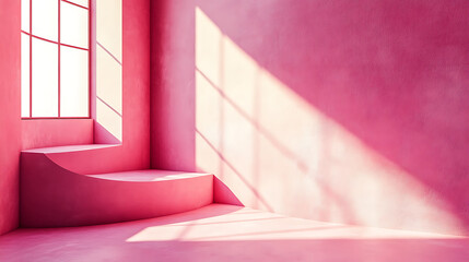 Minimalist Pink Room with Natural Light and Geometric Shadows on Textured Walls.