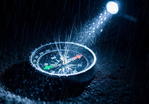 A compass needle, brightly lit by a focused headlamp beam, struggles against a deluge of heavy rain in a pitch-black wilderness, guiding the way, urgent, downpour, challenging
