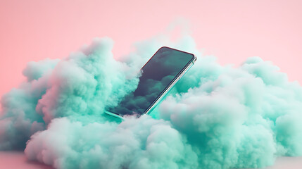Smartphone Resting On Fluffy Pastel Clouds Surreal Digital Art Concept With Modern Technology Theme.