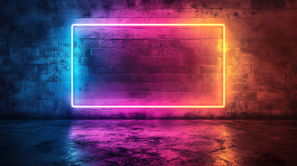 Rectangular Neon Light Frame on Brick Wall Background with Urban Night Aesthetic.