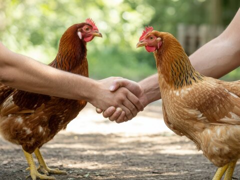 Two chickens shake hands in a symbolic gesture of agreement and friendship.