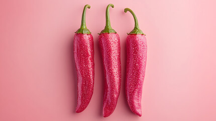 Three Red Chili Peppers On A Pink Background Creating Bold Food Photography Concept.