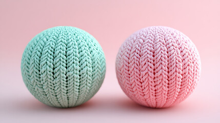 Two Knitted Spheres One Teal and One Pink on a Soft Pink Background.