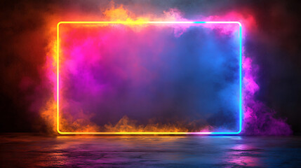 Vibrant Neon Rectangle Frame with Colorful Smoke and Fog Effect in Studio Scene.