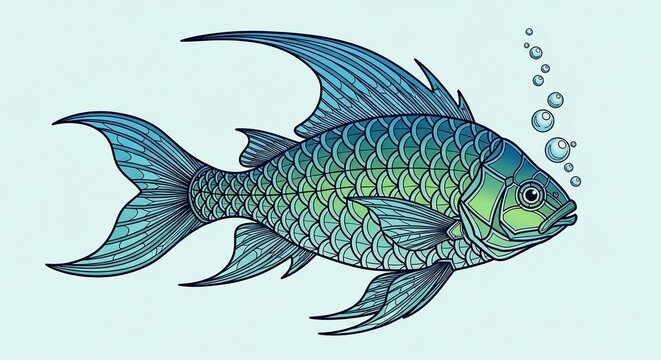 Stylized Blue and Green Fish Illustration with Bubbles.