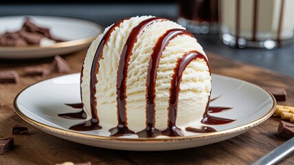 Vanilla ice cream scoop with chocolate syrup on plate