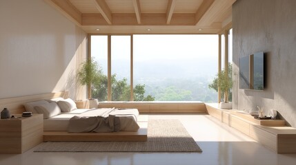 Fototapeta premium Modern minimalist bedroom interior with wooden decor and large windows overlooking scenic view, bright and airy atmosphere, serene design qualities