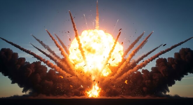 Multiple missiles exploding in a massive fireball with smoke and debris, captured from a distance at dusk