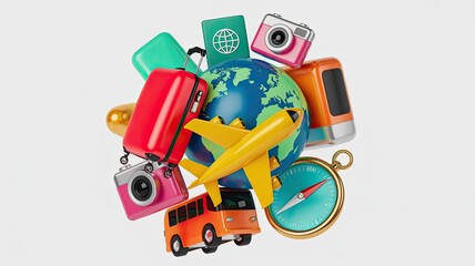3D travel essentials with globe airplane and luggage