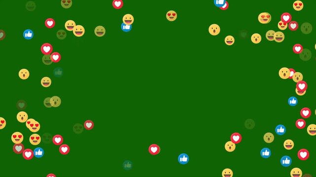 Social media live streaming with Like, heart and emoji icon animation overlay. Stream reactions in social media on green screen background