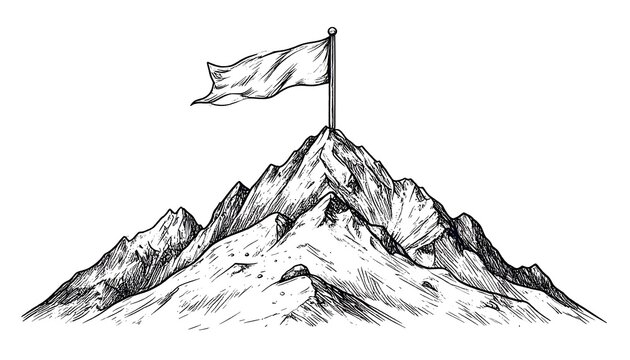 Shaded drawing of mountain peak with waving flag atop a majestic, snow-covered summit in black and white