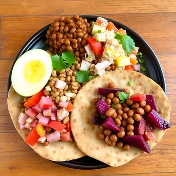 Ethiopian misir wot and gomen on injera with lentil salad and beets