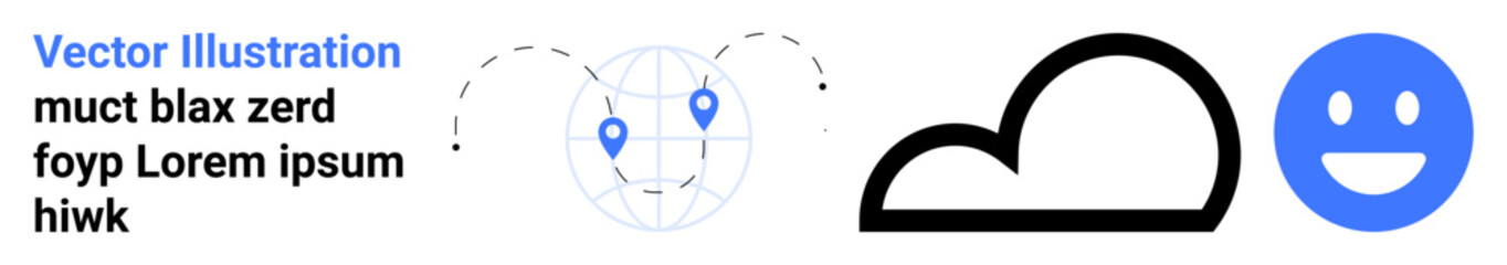 Obraz premium Geolocation, technology, communication, cloud data, emotions, internet interaction. A globe with pins, a cloud shape and a smiling face icon. Geolocation and technology concepts