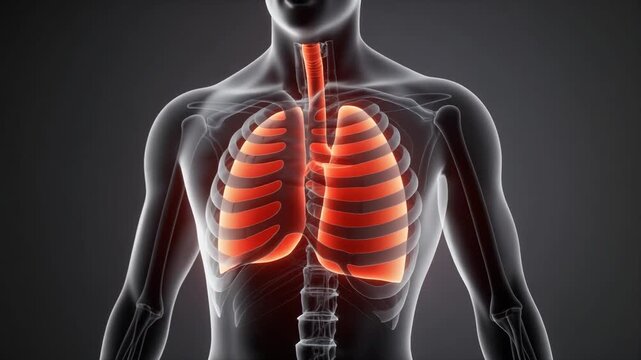 Transparent human torso showing heart beating and lungs breathing simultaneously, realistic medical 3D render, visible blood circulation and oxygen exchange animation, dark gradient studio background,