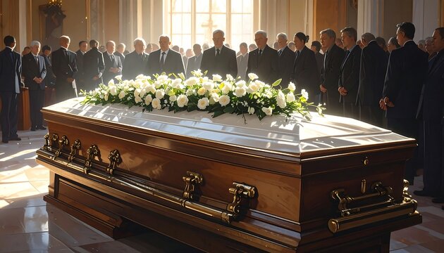 A funeral scene with a coffin and mourners