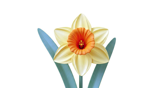 Close-up of a vibrant yellow and orange daffodil with green leaves