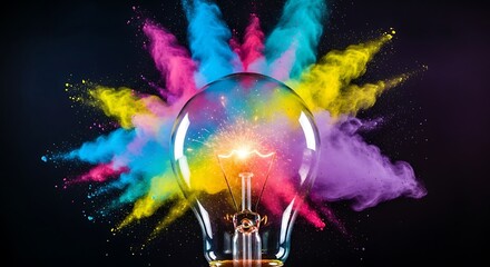 Obraz premium Illuminated glass globe explodes with vibrant colored powder against a dark background