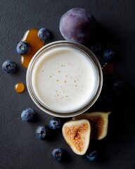 Generative AI, Kefir glass jar with fig and blueberries on black background